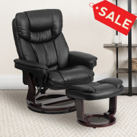 Flash Furniture Contemporary Black Leather Recliner and Ottoman with Swiveling Mahogany Wood Base BT-7821-BK-GG